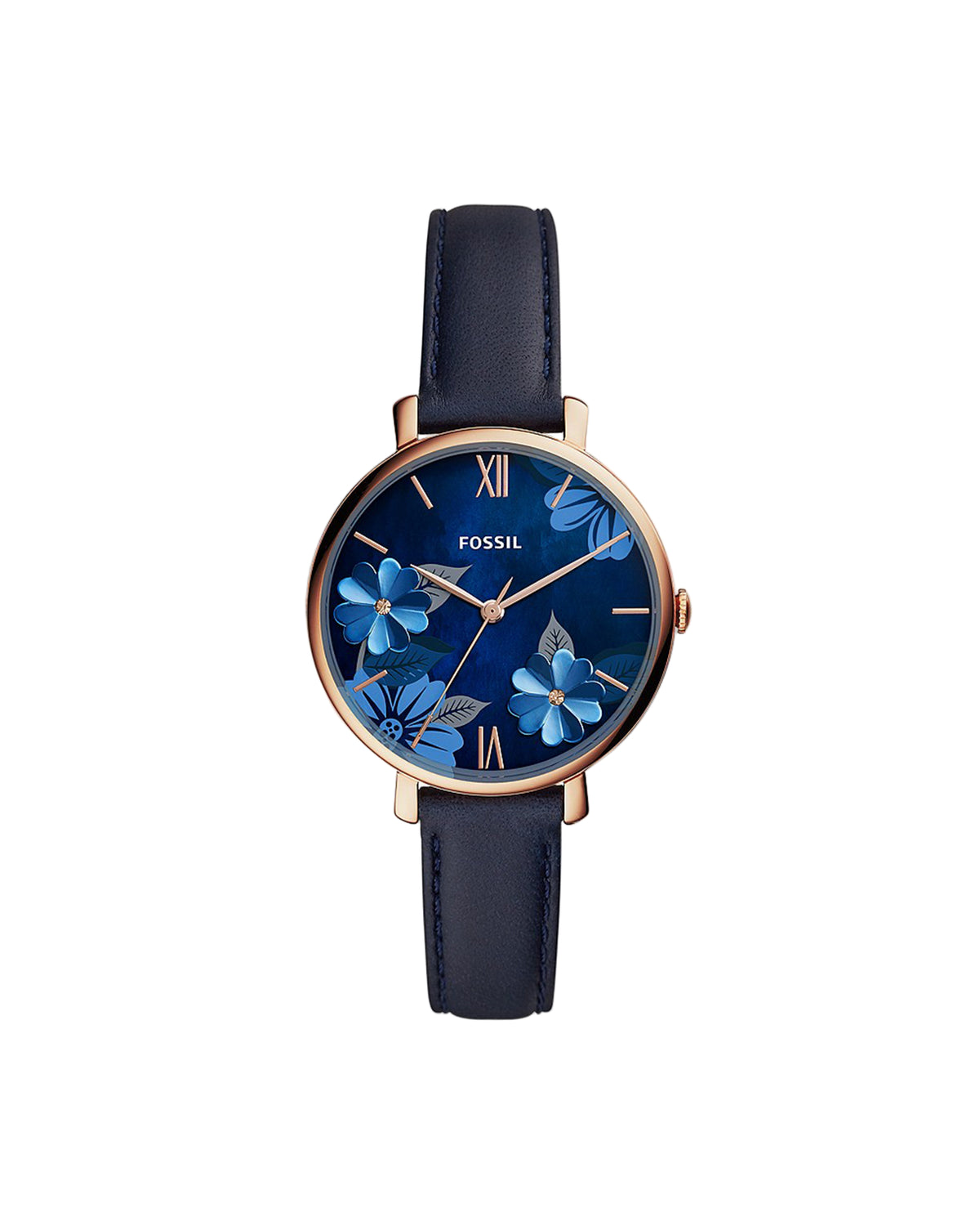 A Fossil Jacqueline ES4673 ladies watch with a blue dial and brown leather band, featuring floral patterns and a gold case.