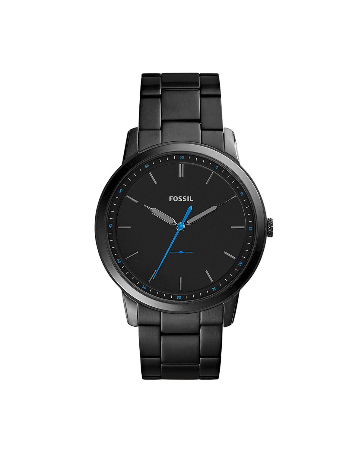 A black stainless steel Fossil watch with a black stainless steel bracelet, featuring a black satin dial with luminous hands and a date display.
