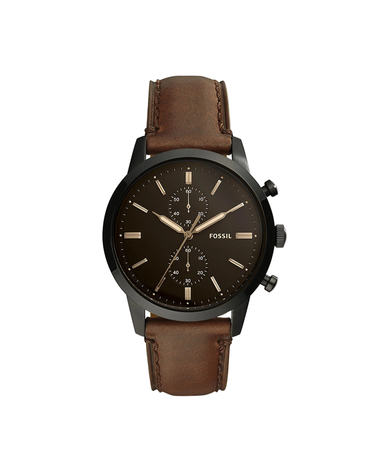 A Fossil brand watch with a brown leather strap, a black stainless steel case, and a mineral crystal face.
