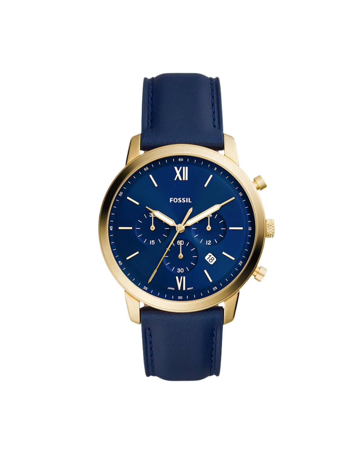 A Fossil Neutra Chrono FS5790 watch with a blue dial and gold case, displayed on a white background.